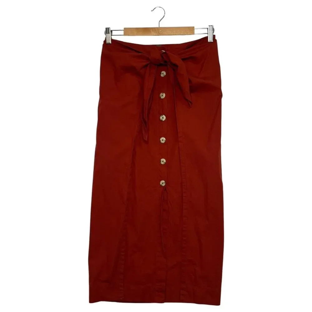 Free People Skirt Womens Medium Orange Midi Button Front Tie Boho Festival Chic